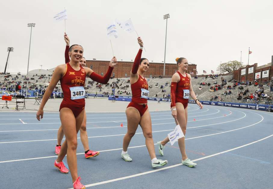 Members of the Iowa State women's shuttle hurdle relay team from left: Katie Ruffener, Mackenzie Carney, Katarina Vlahovic and Kaylyn Hall celebrate their Drake Relays win at Drake Stadium in Des Moines on Saturday. (Jim Slosiarek/The Gazette)