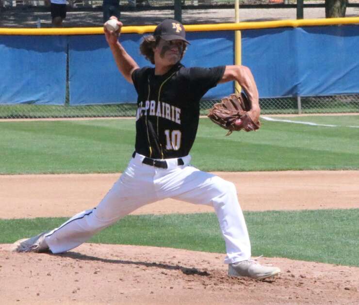 Mid-Prairie’s Collin Miller throws a pitch during the Golden Hawks’ 3-2 win over Cascade in the 2022 Class 2A state baseball quarterfinals. (Andy Krutsinger/The Union)