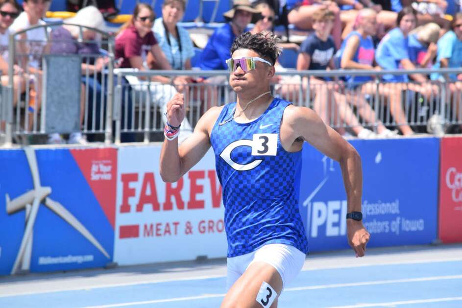 Columbus’ Kaden Amigon runs in the 100-meter final at the High School Track and Field Championship. Amigon was a seventh-place finisher. (Hunter Moeller/The Union)