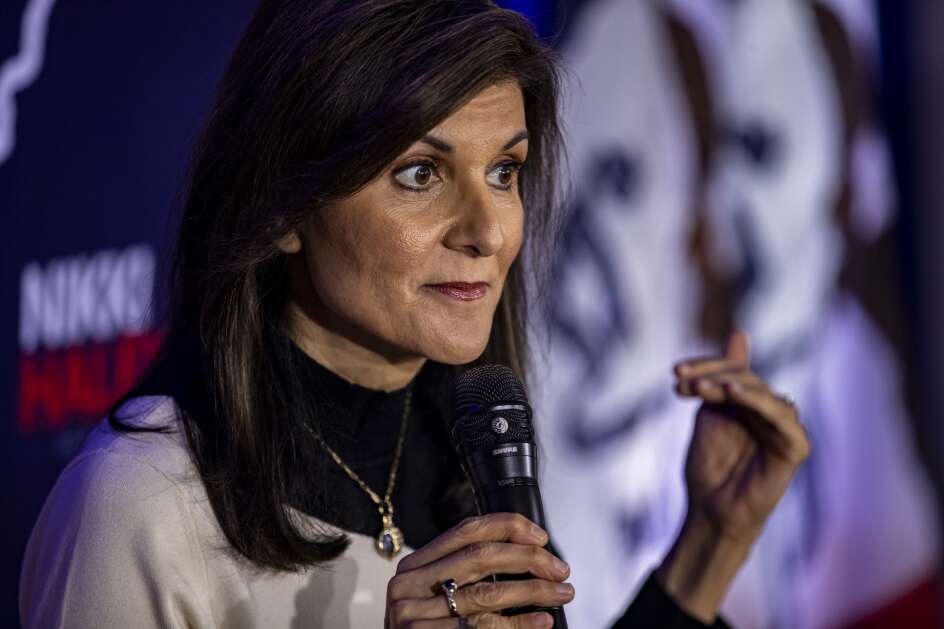 Former U.N. Ambassador Nikki Haley speaks Dec. 21 during a campaign event at the Lawrence Community Center in Anamosa. (Nick Rohlman/The Gazette)