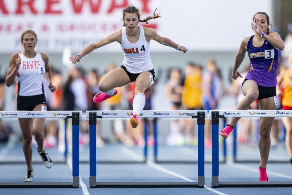 Solon’s Sophia Stahle competes in the Class 3A girls’ state track and field 400-meter hurdles Friday at Drake Stadium in Des Moines. (Nick Rohlman/The Gazette)