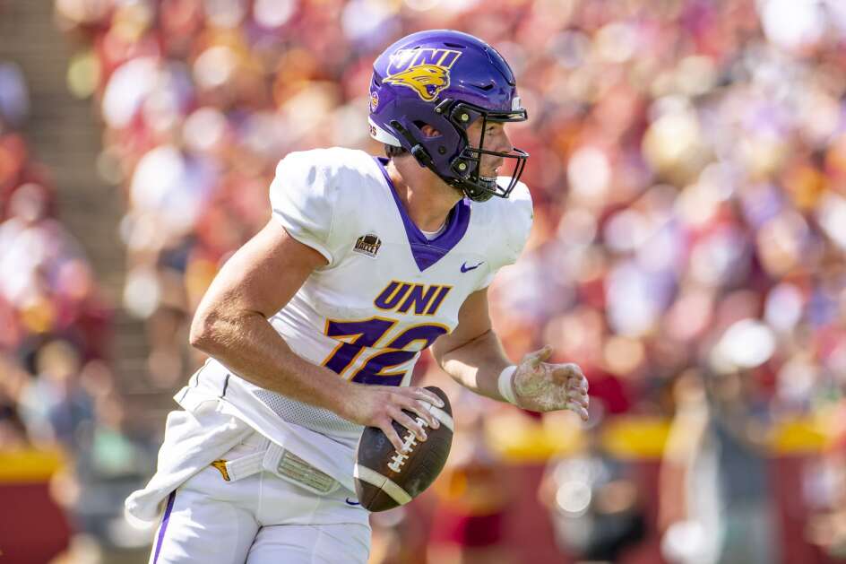 Northern Iowa Panthers quarterback Theo Day (12) rolls out during a college football game between the Iowa State Cyclones and the University of Northern Iowa Panthers at Jack Trice Stadium in Ames, Iowa on Saturday, September 2, 2023. The Cyclones defeated the Panthers 30-9. (Nick Rohlman/The Gazette)