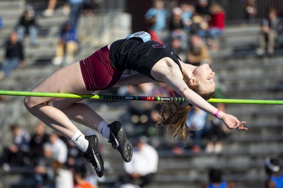 Mount Vernon’s Sudney Maue competes in the girls’ high jump during the Drake Relays in Des Moines on Thursday. Maue was the runner-up, clearing 5 feet, 7 inches. (Nick Rohlman/The Gazette)