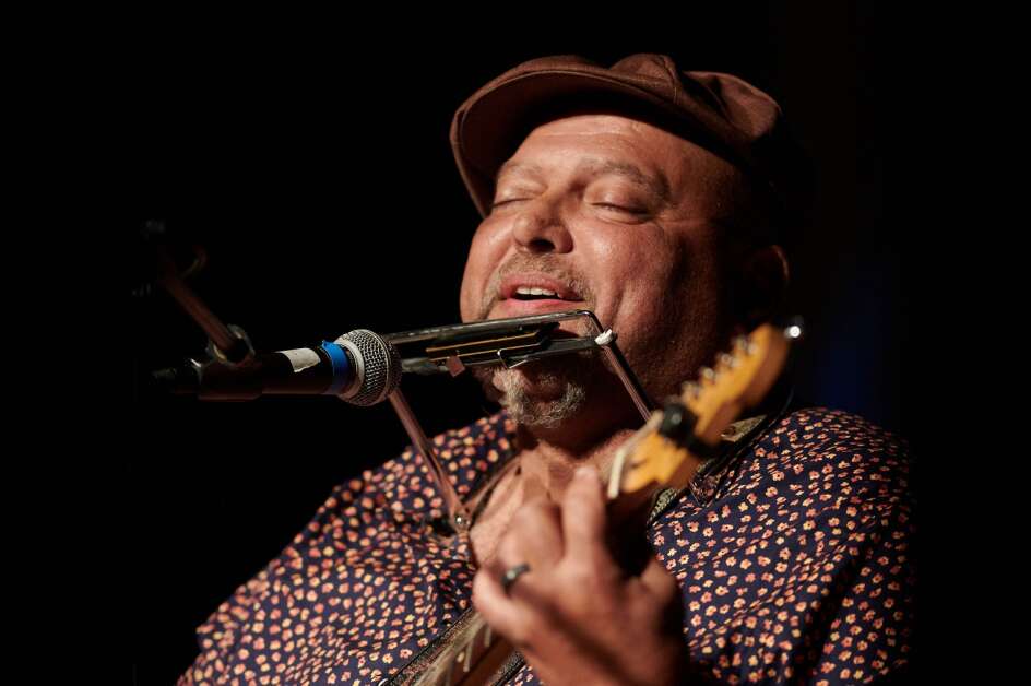 Blues musician Kevin “B.F.” Burt performs April 22 during The Gazette’s Excellence in the Arts event at CSPS in Cedar Rapids. (Cliff Jette/Freelance for The Gazette)