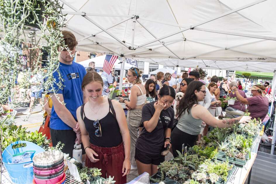 Market goers browse offerings from Benjegerdes Greenhouse at the Cedar Rapids Farmers’ Market in Cedar Rapids, Iowa on Saturday, July 2, 2022. (Nick Rohlman/The Gazette)