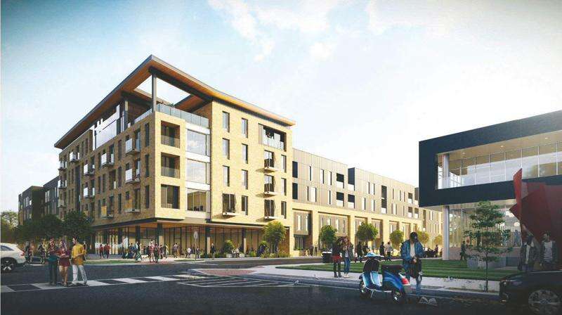 A rendering depicts a proposed mixed-use development for a downtown Cedar Rapids block featuring the Banjo Refrigeration building. (Courtesy of city of Cedar Rapids)