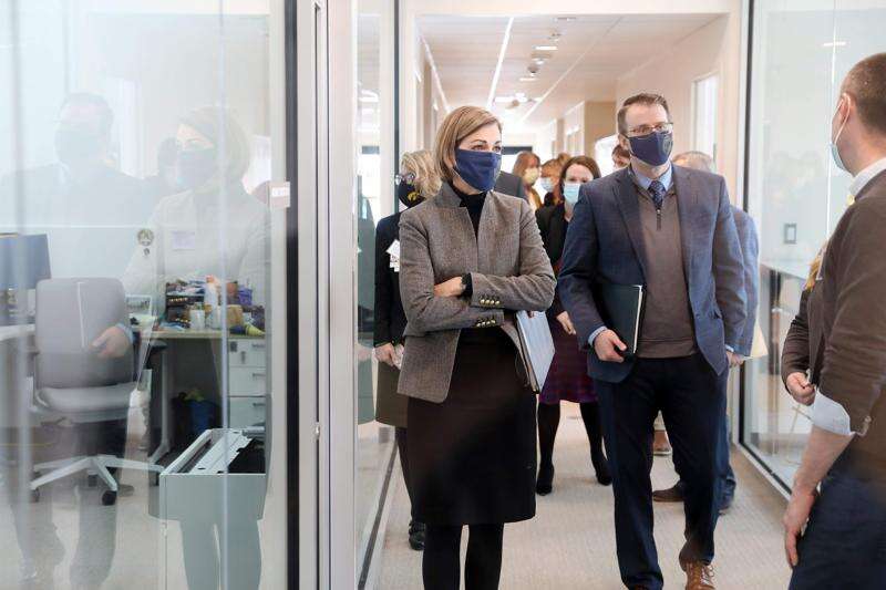 Gov. Kim Reynolds on Feb. 11, 2021, tours the GuideLink Center in Iowa City. The access center provides crisis evaluation, observation and stabilization to those experiencing a mental health or substance use crisis. (The Gazette)