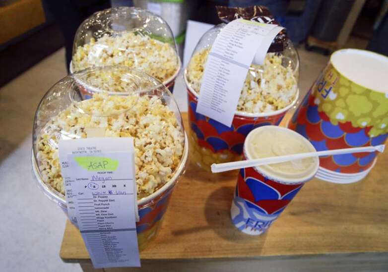 Movies on hold, but popcorn still for sale at State Theatre in Washington, Iowa