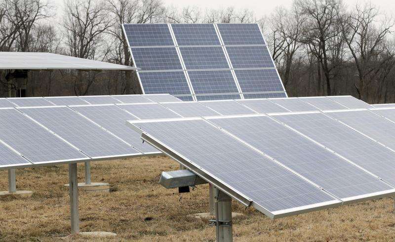 Solar panels, shown in April 2018, generate electricity used by the Indian Creek Nature Center in Cedar Rapids. The Inflation Reduction Act  includes new direct-pay incentives for nonprofits installing solar power. Previously, those entities had been locked out of tax incentives open to businesses and homeowners. .(Jim Slosiarek/The Gazette)