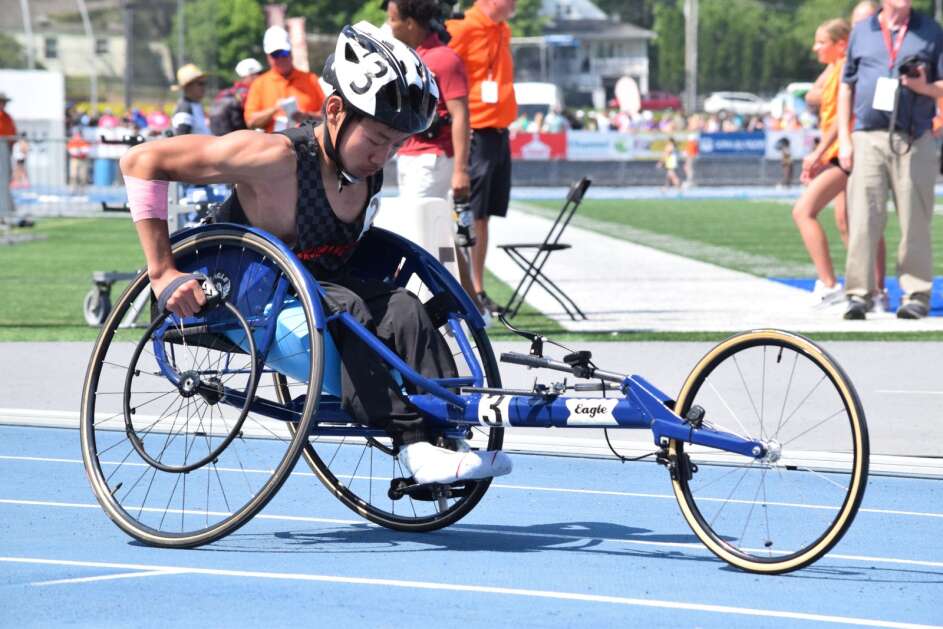 Washington’s Josh Anderson finished inside the top five in all four of his wheelchair events at the Iowa High School Track and Field Championships between Thursday and Saturday. Anderson’s best finish was second in the 100-meters. (Hunter Moeller/The Union)