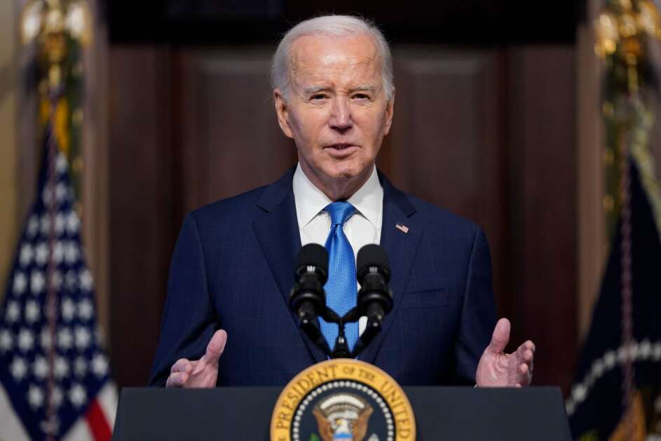 President Joe Biden speaks Dec. 12  during a meeting of the National Infrastructure Advisory Council on the White House campus in Washington. (AP Photo/Evan Vucci)