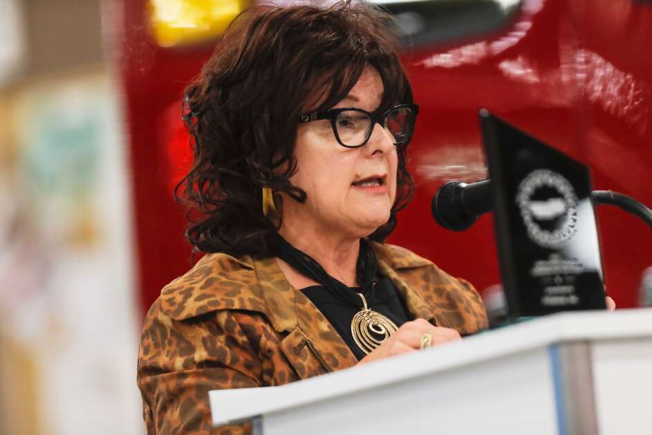 Debi Durham, director of the Iowa Economic Development Authority, delivers a speech congratulating Folience (the parent company of the Gazette) on their success in being named ESOP of the Year on Wednesday, Sept. 28, 2022, at Life Line Emergency Vehicles in Sumner, Iowa. (Geoff Stellfox/The Gazette)