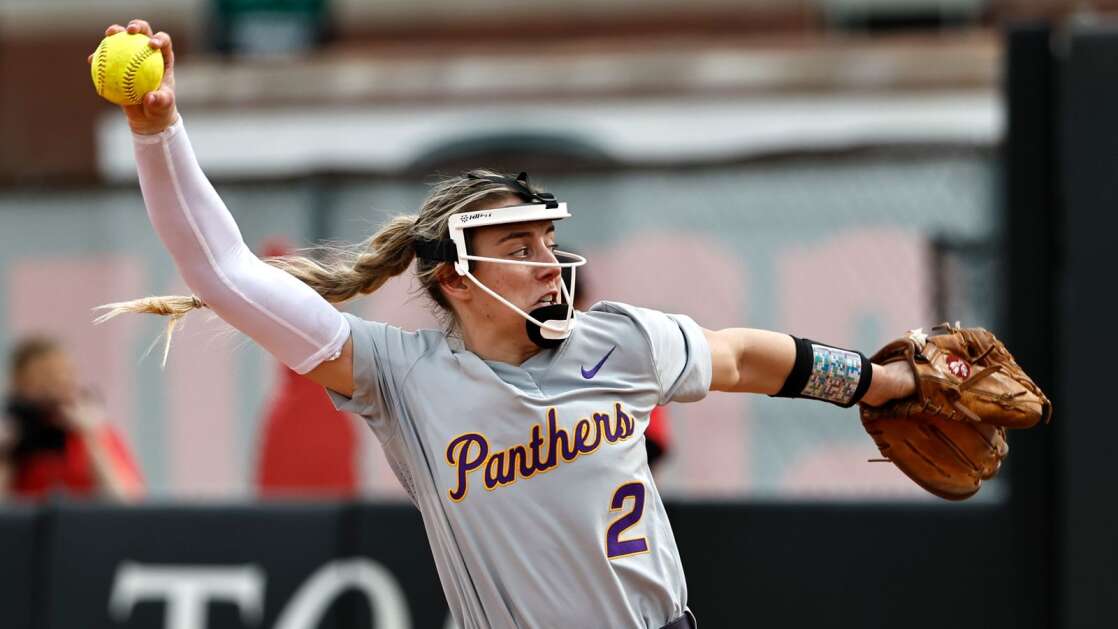 UNI's Samantha Heyer (2) throws to a batter during an NCAA softball game against Austin Peay on Wednesday, Feb. 22, 2023, in Clarksville, Tenn. (AP Photo/Wade Payne)