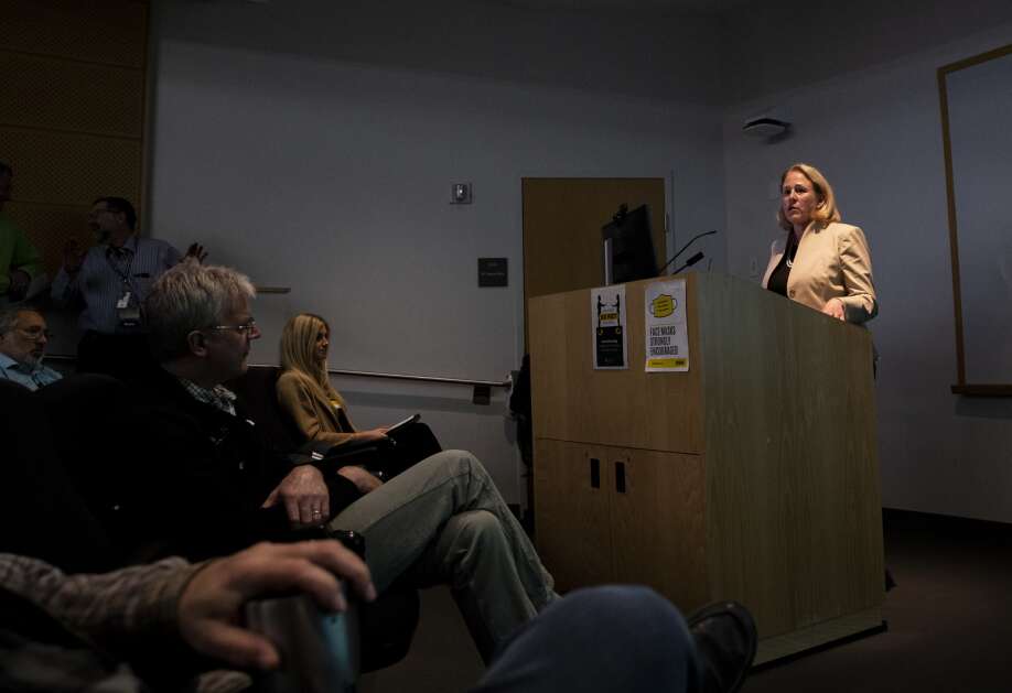 University of Iowa Health Care medical affairs VP finalist Dr. Denise Jamieson answers a question posed by the audience during a forum at the Medical Education Research Facility on the University of Iowa Campus in Iowa City, Iowa on Monday, May 1, 2023. (Savannah Blake/The Gazette)

