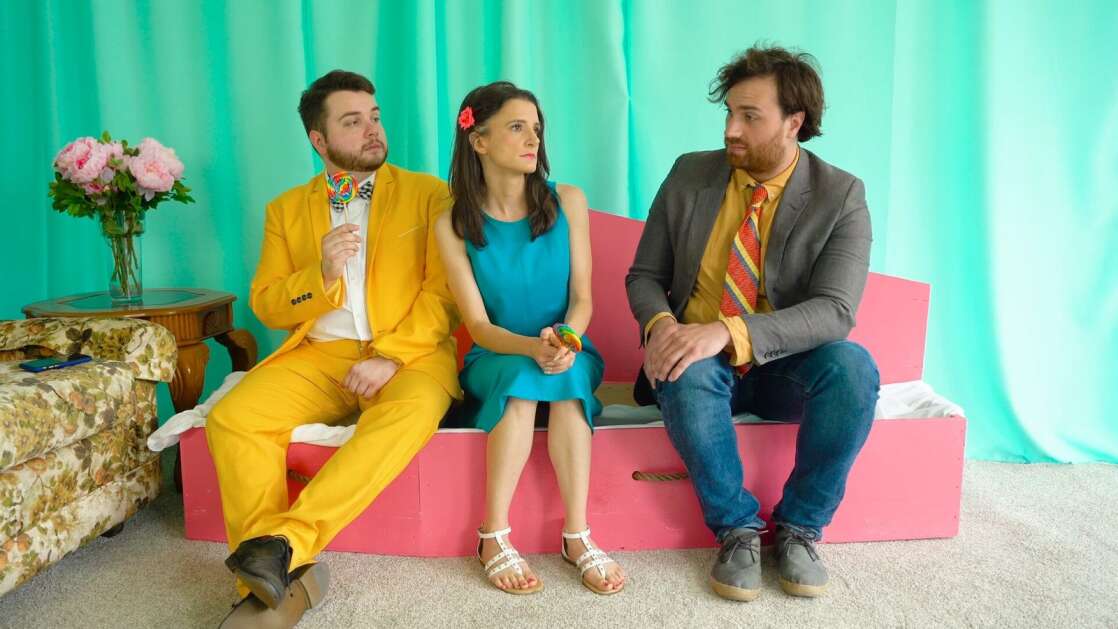 "New Best Friend," the pilot episode for "Friendly Faces," stars (from left) Mic Evans as Ollie Hart, Eva Andersen as Carla Abernathy, and Landon Sheetz as Dean Overstreet. Ollie and Dean operate a rent-a-friend business, and Carla wants them to help pic out the perfect coffin. The film will be screened twice during the Cedar Rapids Independent Film Festival, running April 5 to 7 at Collins Road Theatres. ("Friendly Faces")
