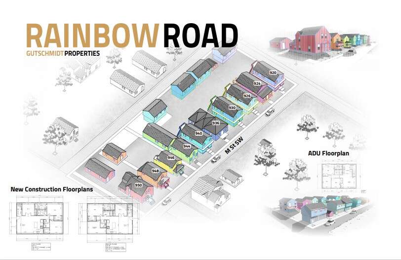 Gutschmidt Properties is transforming the block on M Street SW between 10th and 12th avenues in Cedar Rapids into "Rainbow Road," a string of 10 houses that will be painted the colors of the rainbow as a symbol of LGBTQ inclusion. The project received public incentives from the city. (Courtesy of Gutschmidt Properties)
