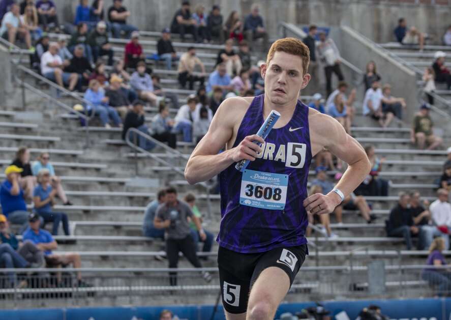Loras’ Mike Jasa holds the lead as he rounds the corner in the final lap of the 4x800 meter relay event during the Drake Relays at Drake Stadium in Des Moines, Iowa on Thursday, April 27, 2023. (Savannah Blake/The Gazette)
