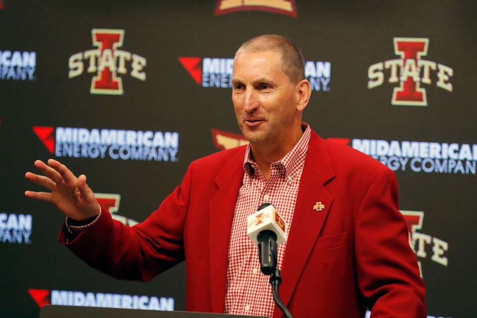 Iowa State athletics director Jamie Pollard speaks during a 2018 news conference in Ames. (AP Photo/Charlie Neibergall, File)