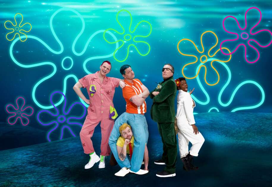 Theatre Cedar Rapids is creating a fantasy under the sea for "The SpongeBob Musical," running May 5 to 28, 2023. Among the familiar characters are (from left) Patrick Star (James Odegaard), SpongeBob SquarePants (Mic Evans, on the floor), Squidward O. Tentacles (Jake Stigers), Sheldon J. Plankton  (Greg Smith) and Sandy Cheeks (Precious Kimbrough). (Courtesy of Theatre Cedar Rapids)