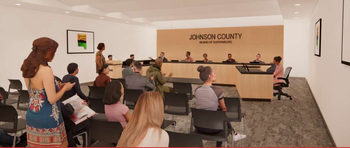 A rendering shows what the future Johnson County Board of Supervisors meeting room could look like under the administrative campus renovation plan. (Rendering from OPN Architects)