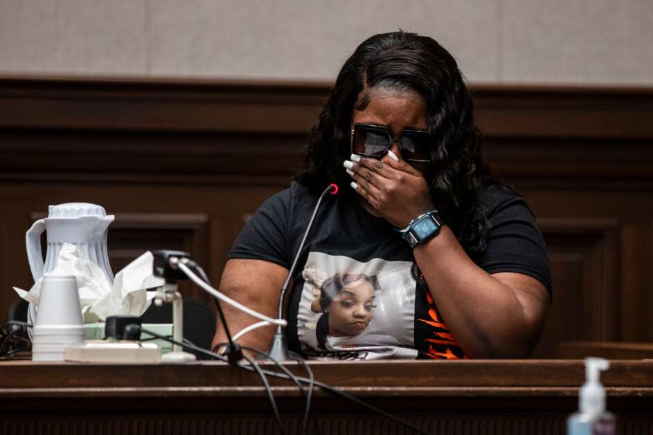 Nicole Owens’ sister, Stacia Winters, reads a victim’s impact statement Monday during a sentencing hearing for Timothy Rush at the Linn County Courthouse in Cedar Rapids. Rush, 33, originally was charged with two counts of second-degree murder for the April 2022 fatal shootings of Nicole Owens and Marvin Cox, but pleaded to two counts of involuntary manslaughter, five counts of reckless use of a firearm causing bodily injury, and one count each of intimidation with a dangerous weapon and possession of a firearm by a felon. (Nick Rohlman/The Gazette)