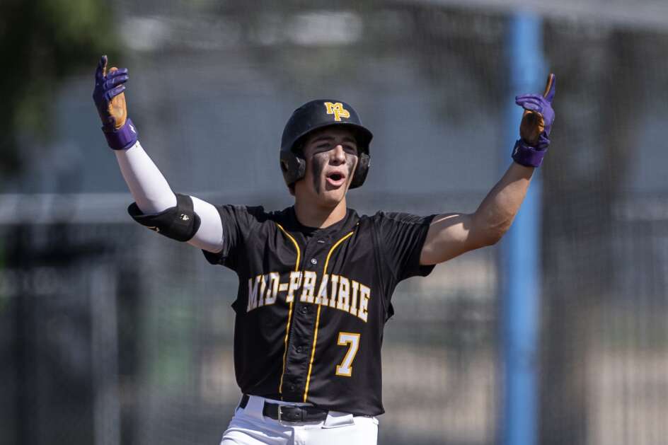 Mid-Prairie's Karson Grout celebrates during a Class 2A state semifinal game last season at Merchants Park in Carroll. (Nick Rohlman/The Gazette)