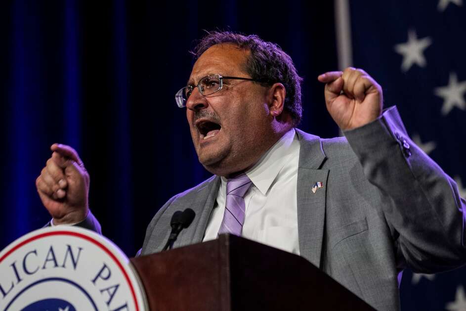 Iowa GOP Chairman Jeff Kaufmann speaks during the 2023 Lincoln Dinner in Des Moines on July 28, 2023. (Nick Rohlman/The Gazette)