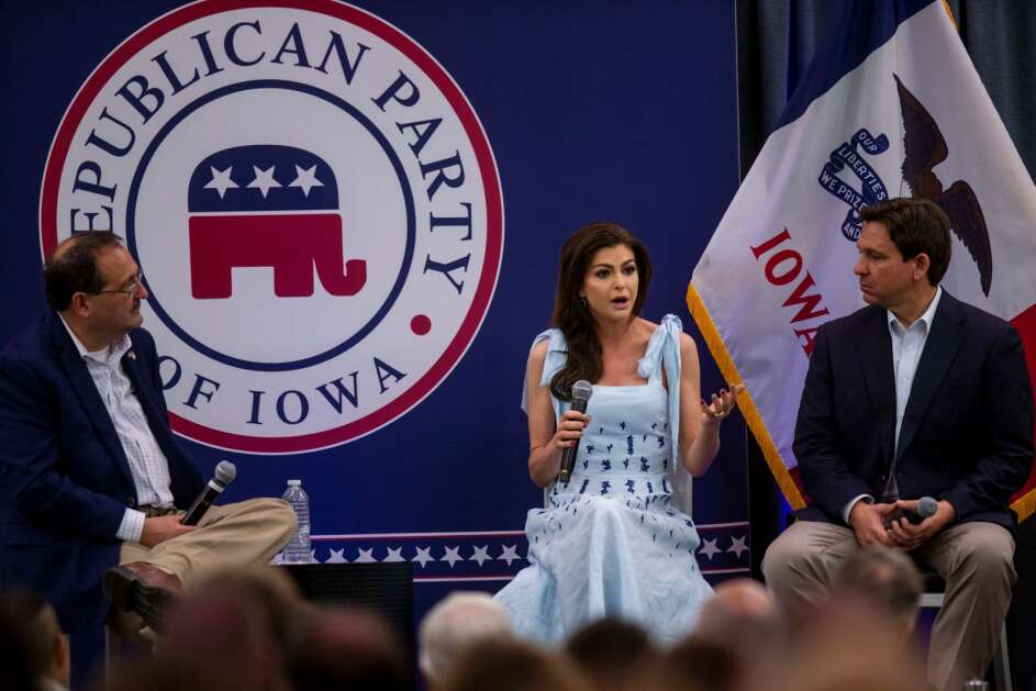 Florida First Lady Jill Casey DeSantis speaks as part of a panel discussion with Iowa Republican Party Chair Jeff Kaufmann (left) and Florida Governor Ron DeSantis during an event at the Kirkwood Hotel in Cedar Rapids, Iowa on Saturday, May 13, 2023. (Nick Rohlman/The Gazette)