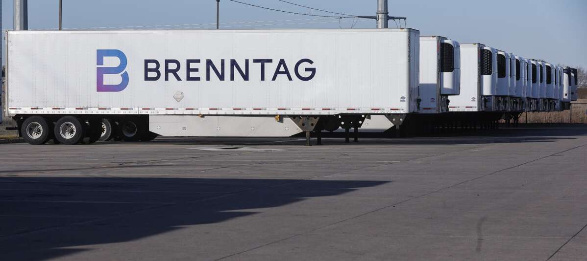 Semi trailers are parked in the distribution yard at Brenntag in North Liberty, Iowa, on Thursday, December 7, 2023. (Jim Slosiarek/The Gazette)