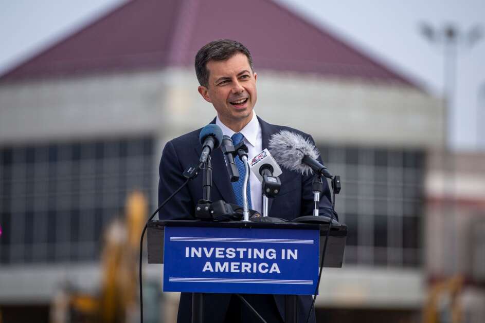 U.S. Secretary of Transportation Pete Buttigieg speaks during an event at the Eastern Iowa Airport in Cedar Rapids, Iowa on Thursday, May 25, 2023. The airport received a $20 million grant funded by the 2021 Infrastructure Investment and Jobs Act. (Nick Rohlman/The Gazette)