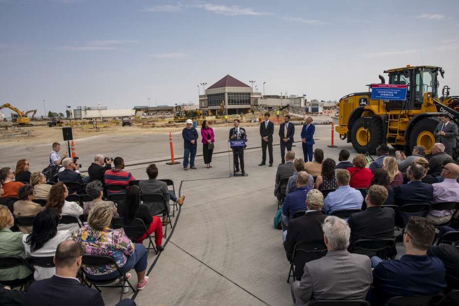 U.S. Secretary of Transportation Pete Buttigieg speaks Thursday at The Eastern Iowa Airport in Cedar Rapids. (Nick Rohlman/The Gazette)