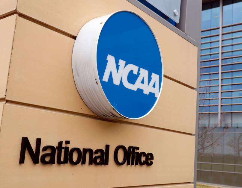Signage mark the headquarters of the NCAA in Indianapolis. (AP Photo/Michael Conroy)