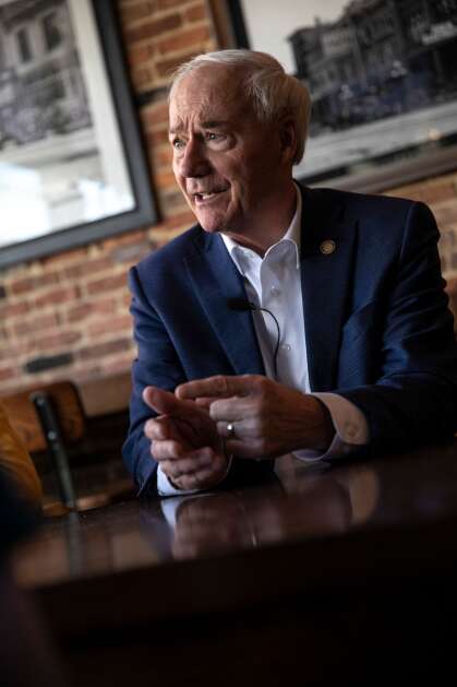 2024 GOP presidential candidate and former Arkansas Gov. Asa Hutchinson addresses questions from the University of Iowa College Republicans on Monday, May 1, 2023, at Heirloom Salad Company in Iowa City, Iowa. (Geoff Stellfox/The Gazette)