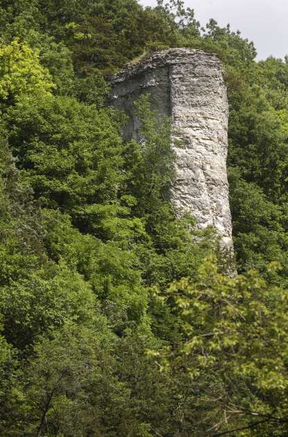 Chimney Rock, a prominent landmark, pokes out from tree cover along the Upper Iowa River on June 30 near Bluffton. (Jim Slosiarek/The Gazette)