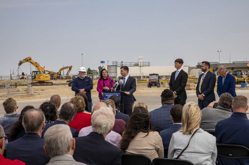 U.S. Secretary of Transportation Pete Buttigieg speaks Thursday at The Eastern Iowa Airport in front of terminal improvements at the airport that are being paid for, in part, by federal infrastructure funds. (Nick Rohlman/The Gazette)