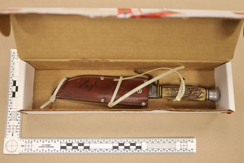 Police collected a bone-handled knife collected by police from a possible suspect in the unsolved murder case of Fred Coste, 47, who was killed Oct. 15, 1959, while working at the Family Finance Corporation in Cedar Rapids. However, tests on blood found on the knife shows it was not human blood. (Photo submitted by Cedar Rapids Police Department)