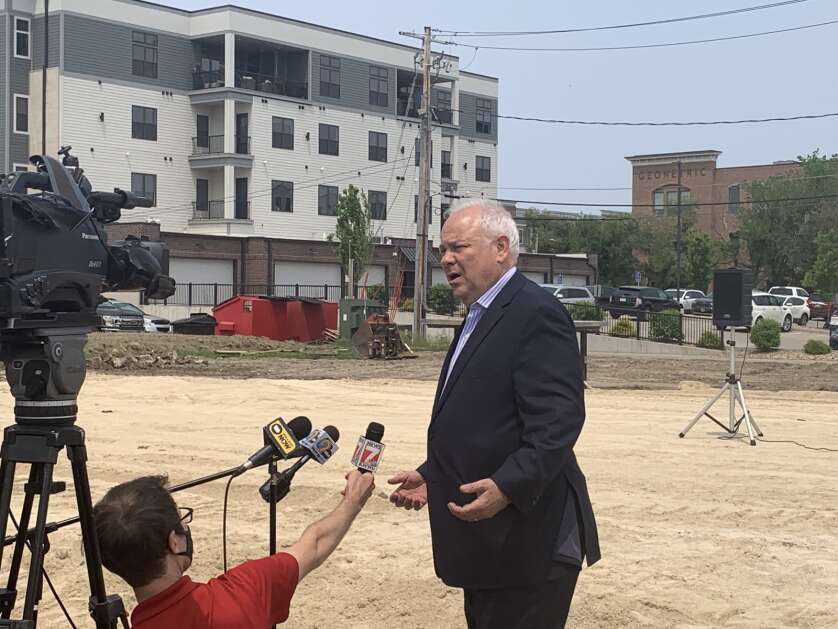 Cedar Rapids City Manager Jeff Pomeranz speaks to reporters Wednesday after city and state officials joined in breaking ground for the Fulton Lofts multiuse building in the New Bo District in southeast Cedar Rapids. (Marissa Payne/The Gazette)