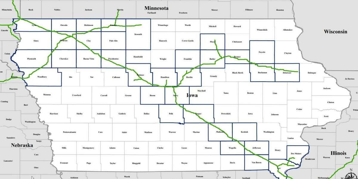 Navigator Heartland Greenway changed the route of its proposed CO2 pipeline in June 2022. The new route, shown in this map, no longer goes through Linn County. (Navigator Heartland Greenway)