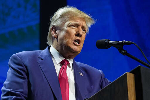 Former President Donald Trump speaks at the National Rifle Association Convention in Indianapolis, on April 14, 2023. The competition between Trump and Florida Gov. Ron DeSantis is intensifying as the former president is scheduling a return trip to Iowa on the same day that the Florida governor was already going to be in the state that will kick off the Republican contest for the White House. (AP Photo/Michael Conroy)