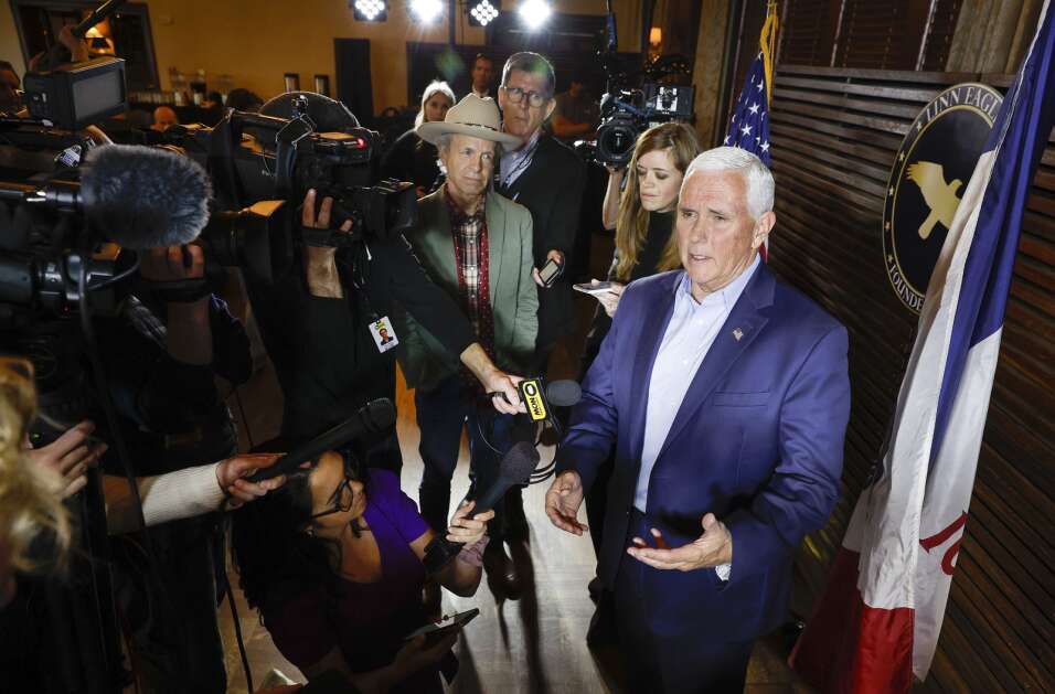 Former Vice President Mike Pence speaks to the press after a Linn Eagles Luncheon and Fireside Chat at the Cedar Rapids Country Club in southeast Cedar Rapids, Iowa, on Wednesday, March 29, 2023. Pence also signed copies of his book "So Help Me God" after the luncheon and chat. (Jim Slosiarek/The Gazette)
