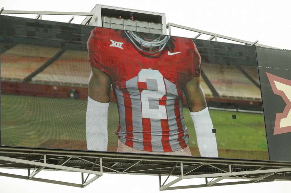 Jack Trice era throwback uniforms are introduced on the video monitor  during the annual Iowa State Cyclones football spring game at Jack Trice Stadium in Ames, Iowa, on Saturday, April 22, 2023. (Jim Slosiarek/The Gazette)
