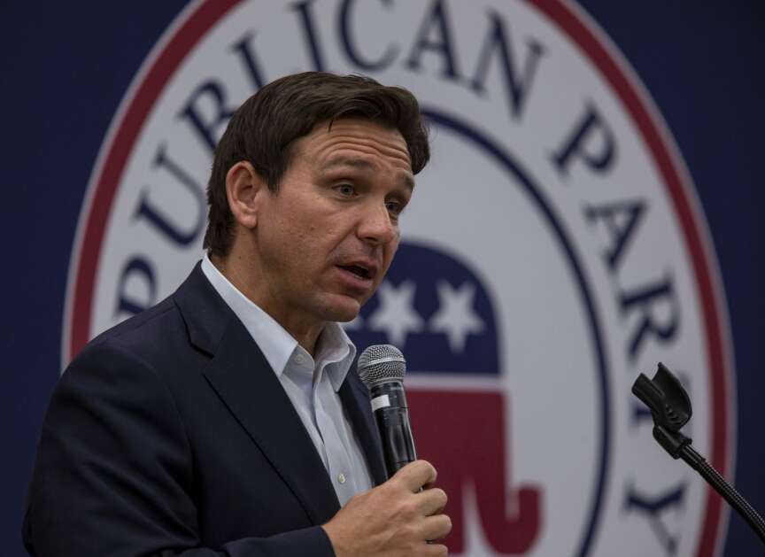 Florida Gov. Ron DeSantis speaks May 13 during an event at The Hotel at Kirkwood Center in Cedar Rapids. (Nick Rohlman/The Gazette)