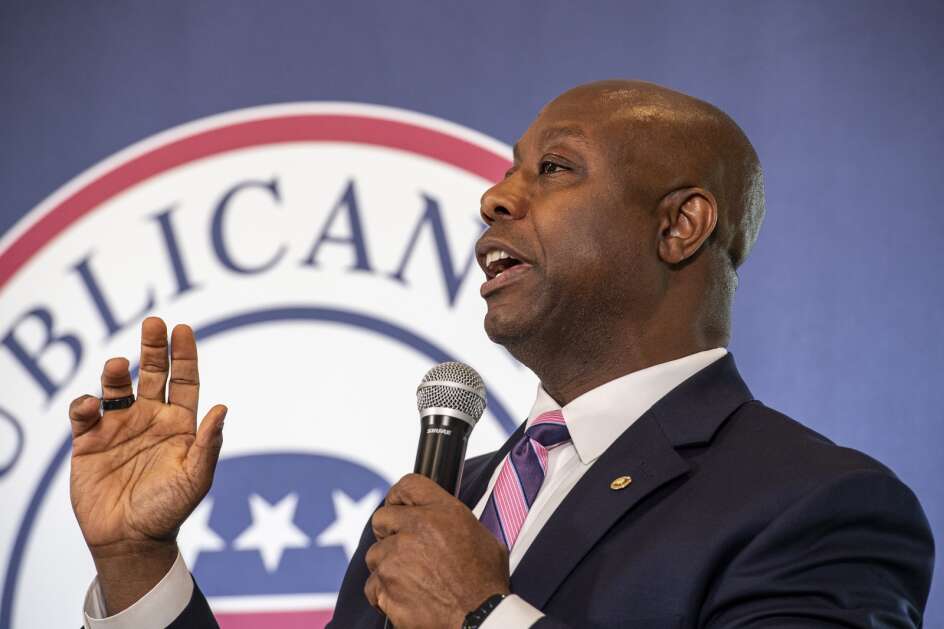 Senator Tim Scott speaks during an event at Elmcrest Country Club in Cedar Rapids, Iowa on Thursday, June 9, 2022. The event featured a panel discussion with Republican Senators Joni Ernst of Iowa and Tim Scott of South Carolina hosted by Iowa GOP Chairman Jeff Kaufmann. (Nick Rohlman/The Gazette)