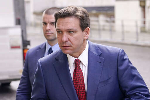 Florida Republican Gov. Ron DeSantis arrives at the Foreign Office to visit Britain's Foreign Secretary in London, Friday, April 28, 2023. DeSantis is slated to headline Iowa Rep. Randy Feenstra’s annual summer fundraiser in northwest Iowa on May 13 and is expected to speak at a party fundraiser later that evening in Cedar Rapids. A campaign official for former President Donald Trump said Saturday, April 29, that the former president now plans to be in Iowa on the same day to headline an organizing rally at a sprawling park in downtown Des Moines. (AP Photo/Alberto Pezzali)