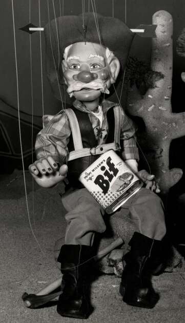 Billy Boulder, the best known of the Bucknell Marionettes after he appeared in TV ads, is shown in 1952. (The History Center) 