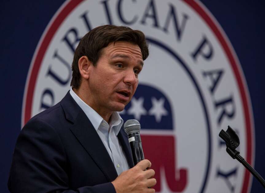 Florida Gov. Ron DeSantis speaks during an event at the Kirkwood Hotel in Cedar Rapids, Iowa on Saturday, May 13, 2023.(Nick Rohlman/The Gazette)