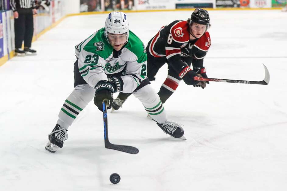 Roughriders forward Eric Pohlkamp (23) during the Roughriders home hockey game against the Chicago Steel on Wednesday, Dec. 28, 2022, at ImOn Arena in Cedar Rapids, Iowa. (Geoff Stellfox/The Gazette)