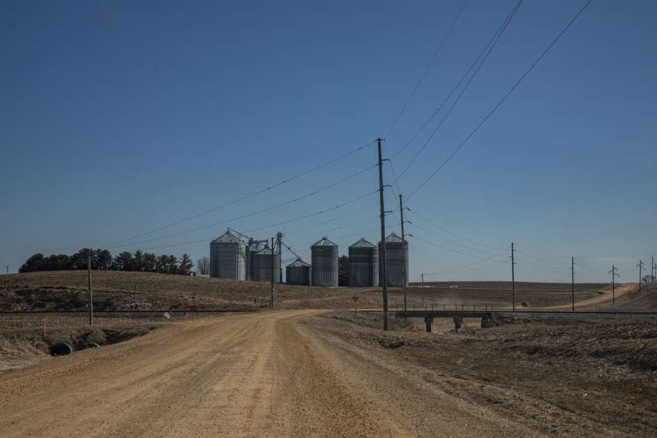 Gtain elevators and farmland west of Monona, Iowa on Wednesday, March 29, 2023. (Nick Rohlman/The Gazette)