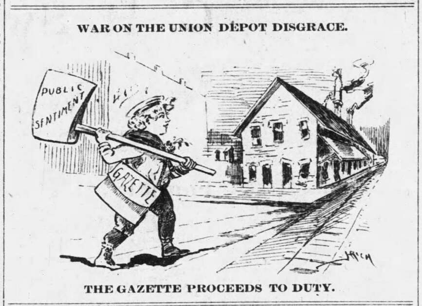 The Gazette ran a series of drawings lampooning the old Union Depot and advocating for a new Union Station more befitting the growing and prosperous city. This one ran April 10, 1895. The Gazette