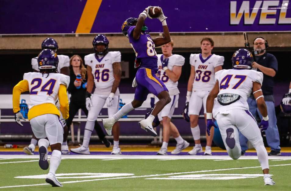 UNI’s Sergio Morancy returned to the field Friday night in the spring game, hauling in a pass. (Waterloo Courier) 